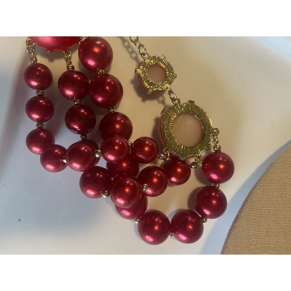 Red Bubble Statement Necklace Earrings Set Bib Multi Strand Chunky Bead Fashion